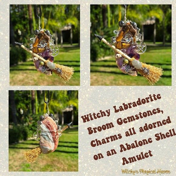 Witch Labradorite Broom with Gemstones and Charms on Abalone Amulet - Picture 1 of 4